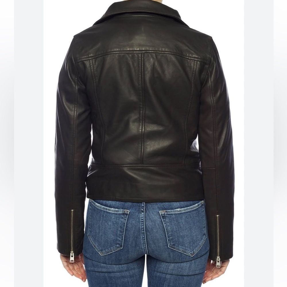 AllSaints Bales Leather Biker Jacket Black Lamb Leather Asymmetric Zip – US 0 - Picture 7 of 10